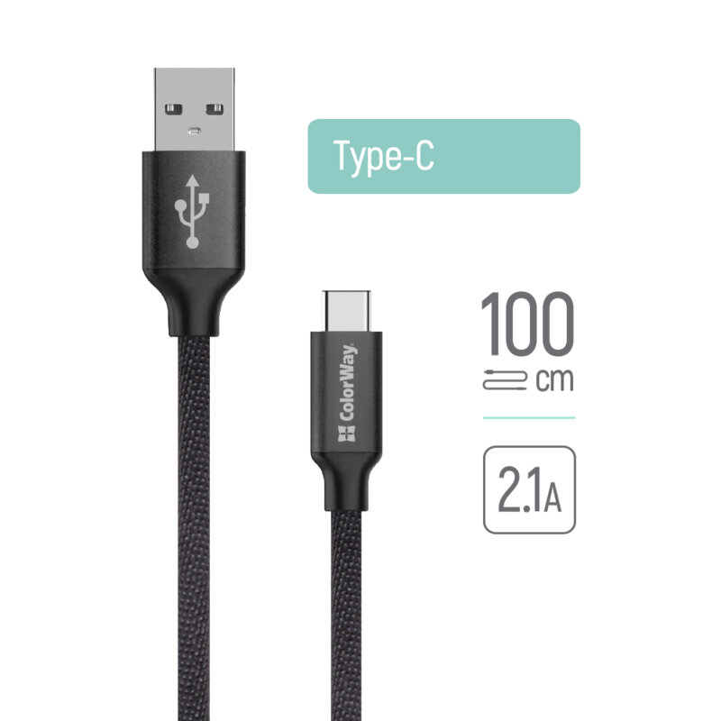 Cablu de date si incarcare USB la Type-C ColorWay, 2.1A, negru