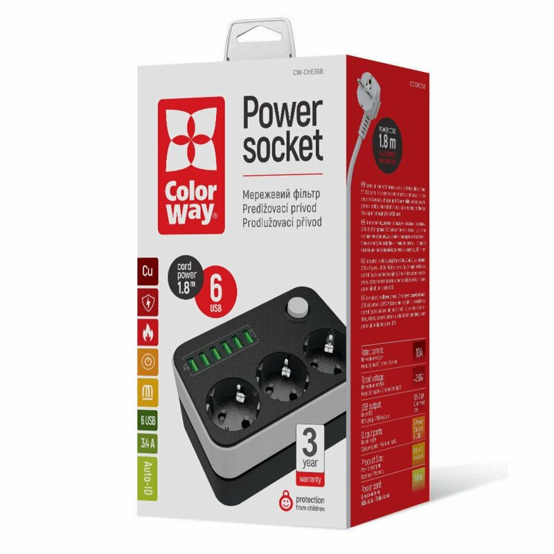 Prelungitor priza 3xEU 220V, 6xUSB, ColorWay, 1.8m, On/Off buton