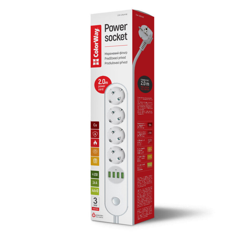 Prelungitor priza 4x EU 220V, 4x USB, ColorWay, 2m, On/Off buton