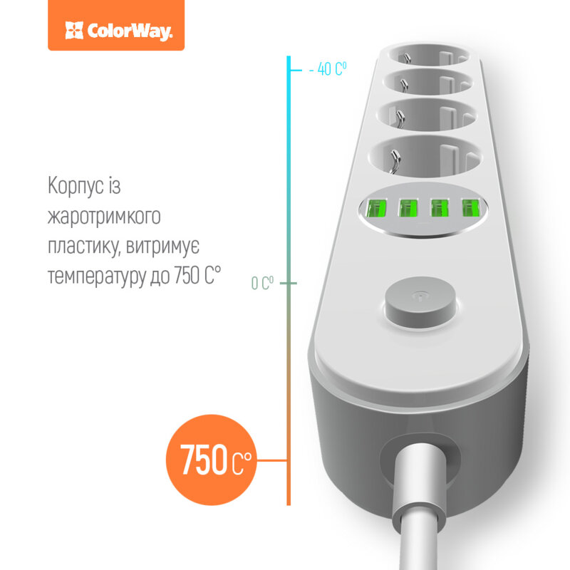 Prelungitor priza 4x EU 220V, 4x USB, ColorWay, 2m, On/Off buton