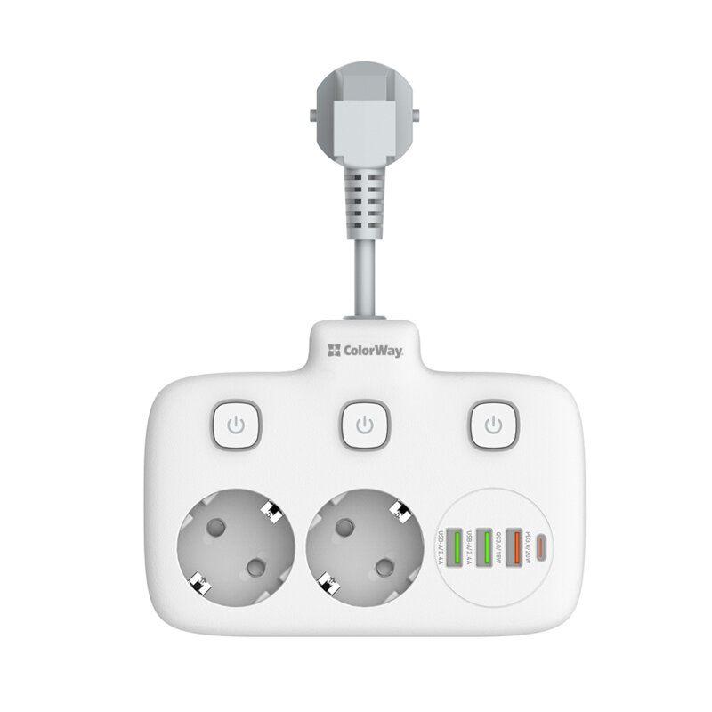 Prelungitor priza 2x EU 220V, USB, Type-C ColorWay, 0.25m, alb
