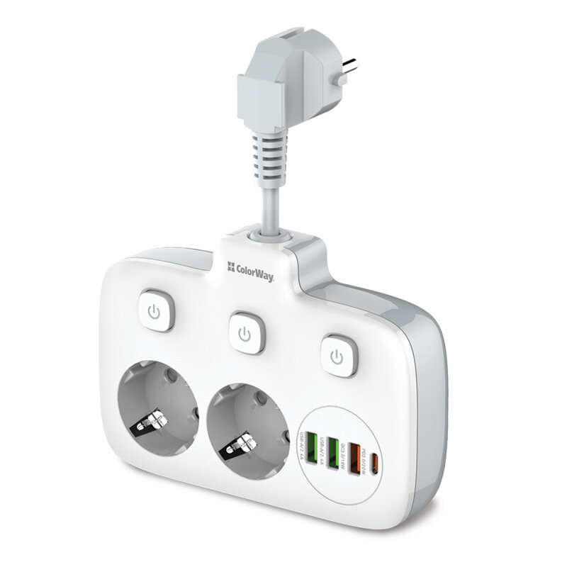 Prelungitor priza 2x EU 220V, USB, Type-C ColorWay, 0.25m, alb