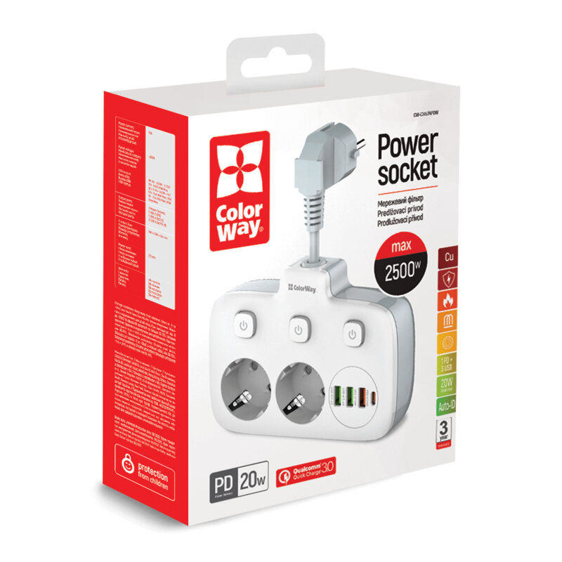 Prelungitor priza 2x EU 220V, USB, Type-C ColorWay, 0.25m, alb