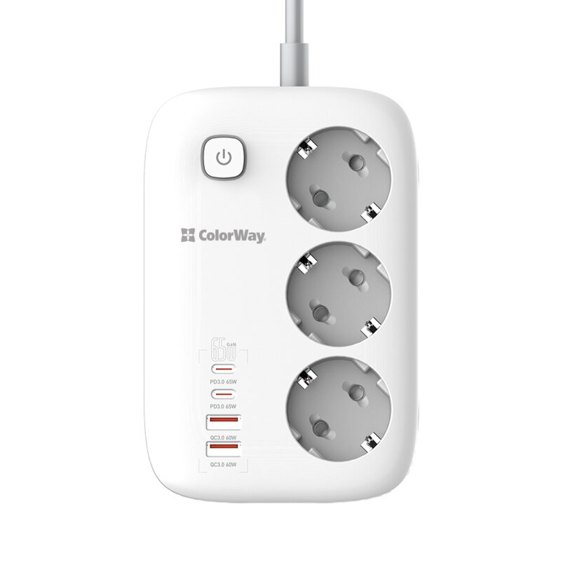 Prelungitor priza GaN3 EU, USB, Type-C ColorWay, 2m, Fast Charge, alb