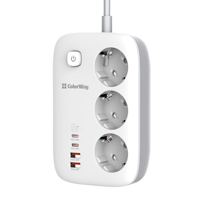 Prelungitor priza GaN3 EU, USB, Type-C ColorWay, 2m, Fast Charge, alb