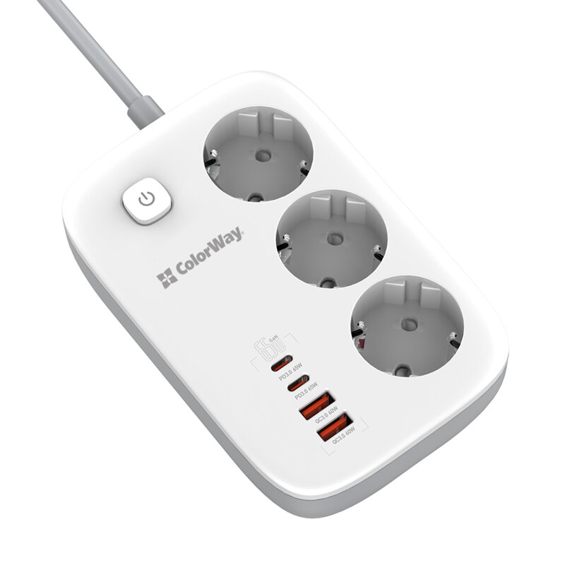 Prelungitor priza GaN3 EU, USB, Type-C ColorWay, 2m, Fast Charge, alb