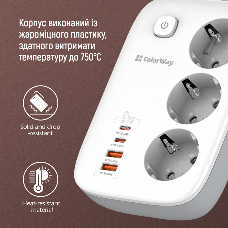 Prelungitor priza GaN3 EU, USB, Type-C ColorWay, 2m, Fast Charge, alb