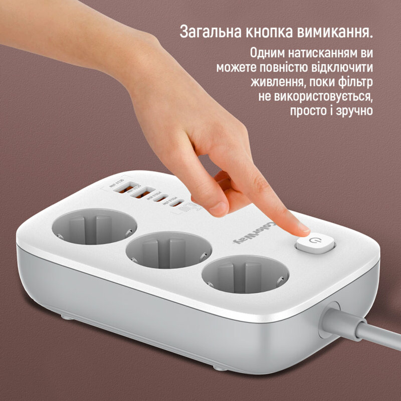 Prelungitor priza GaN3 EU, USB, Type-C ColorWay, 2m, Fast Charge, alb