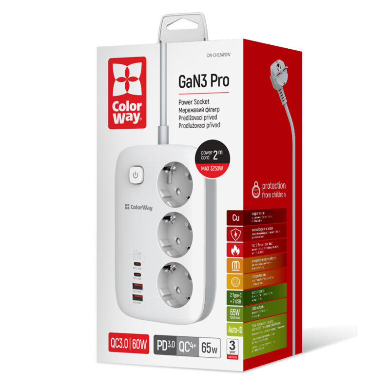 Prelungitor priza GaN3 EU, USB, Type-C ColorWay, 2m, Fast Charge, alb