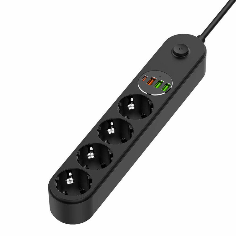 Prelungitor priza EU Quick Charge, USB, Type-C, LED ColorWay, 2m, negru