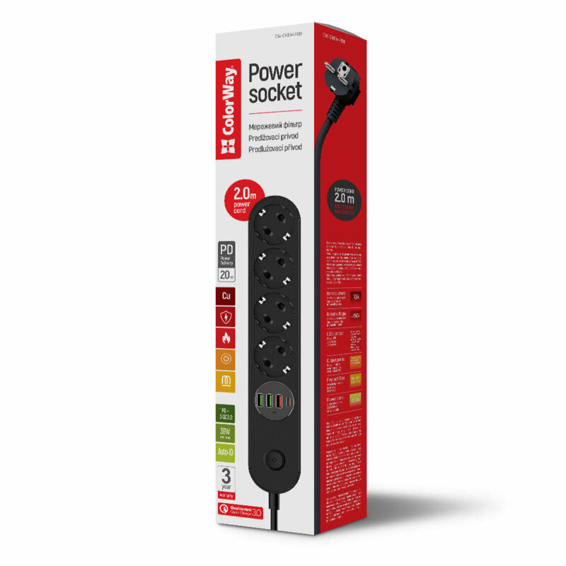 Prelungitor priza EU Quick Charge, USB, Type-C, LED ColorWay, 2m, negru