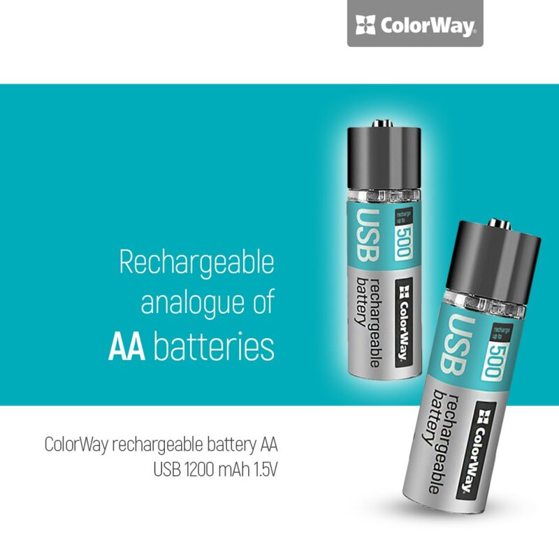 [Pachet 2x] Baterii reincarcabile USB AA 1200mAh ColorWay, Li-Polymer