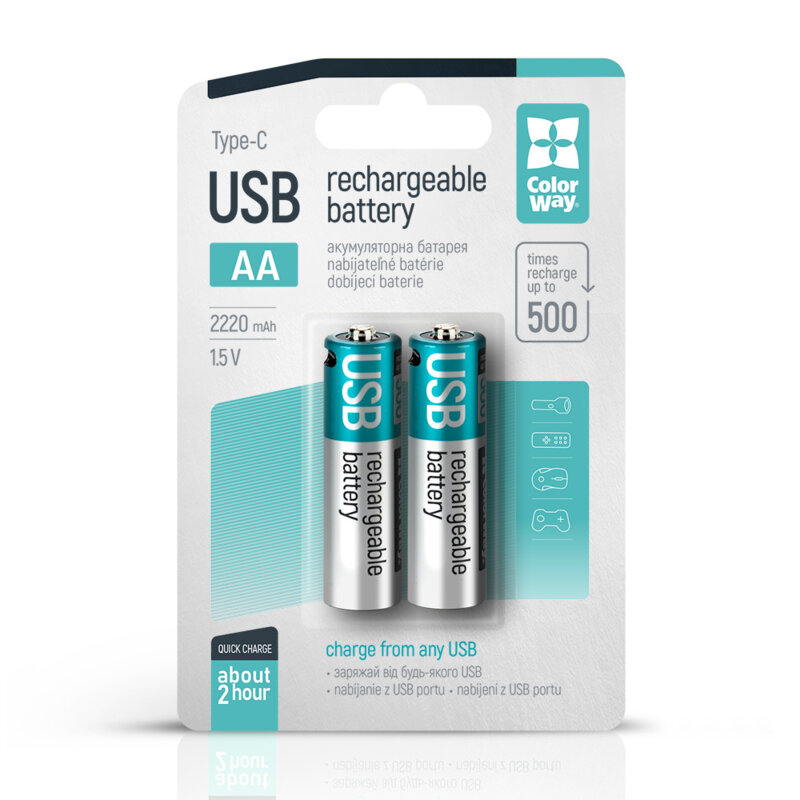 [Pachet 2x] Baterii reincarcabile Type-C AA 2200mAh ColorWay, Li-Polymer