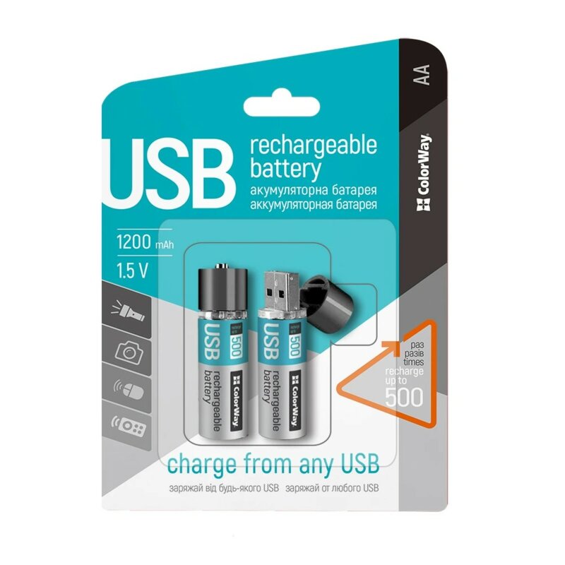 [Pachet 2x] Baterii reincarcabile USB AA 1200mAh ColorWay, Li-Polymer