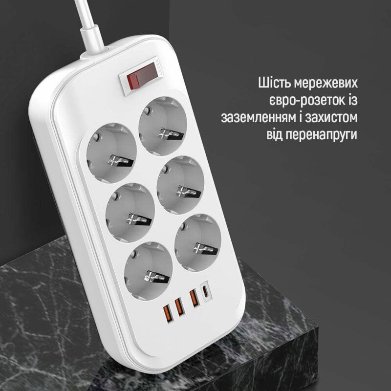 Prelungitor priza EU de perete, Fast Charge, USB/USB-C ColorWay, 2m, alb