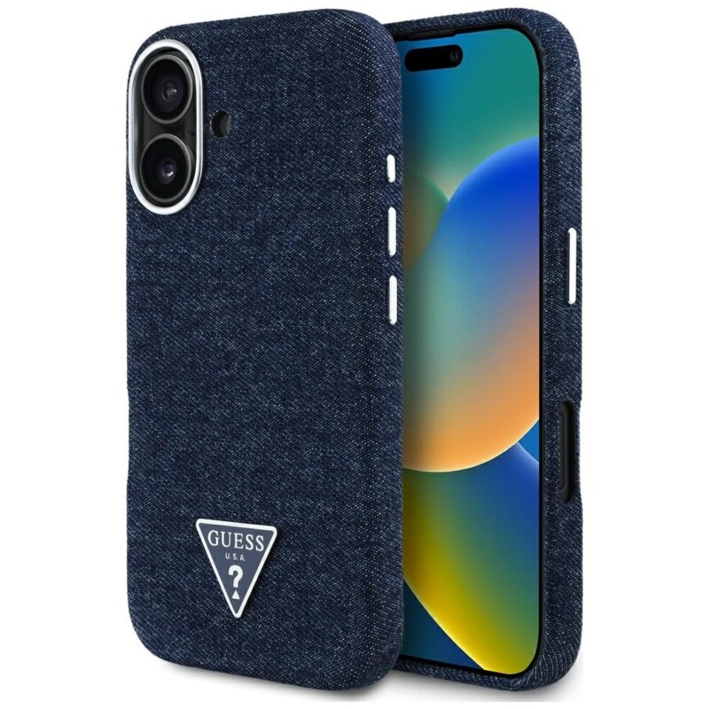 Husa iPhone 16 Guess Denim Triangle Logo MagSafe, albastru, GUHMP16SRJFWTLB