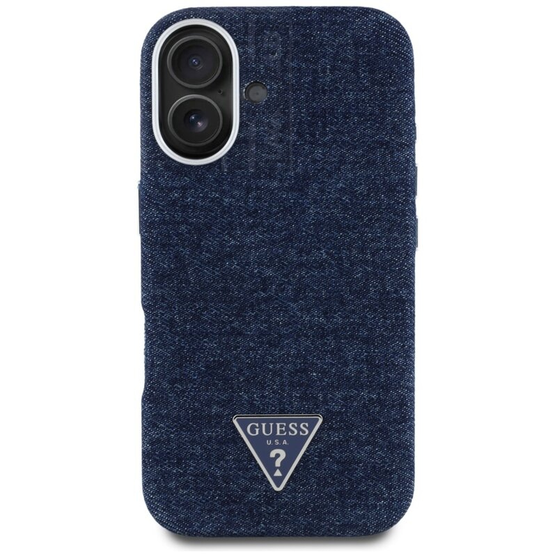Husa iPhone 16 Guess Denim Triangle Logo MagSafe, albastru, GUHMP16SRJFWTLB