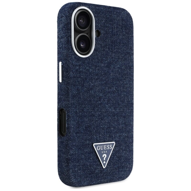 Husa iPhone 16 Guess Denim Triangle Logo MagSafe, albastru, GUHMP16SRJFWTLB
