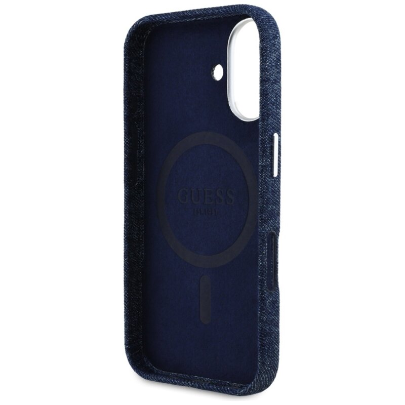 Husa iPhone 16 Guess Denim Triangle Logo MagSafe, albastru, GUHMP16SRJFWTLB