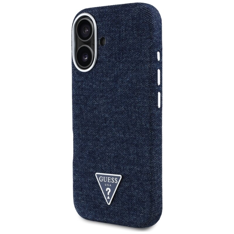 Husa iPhone 16 Guess Denim Triangle Logo MagSafe, albastru, GUHMP16SRJFWTLB