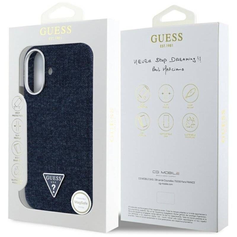 Husa iPhone 16 Guess Denim Triangle Logo MagSafe, albastru, GUHMP16SRJFWTLB