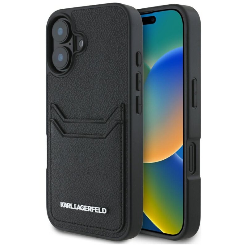 Husa iPhone 16 Karl Lagerfeld Hardcase Grained Leather Cardslots, negru, Metal Elong, KLHCP16SPKHPORPK
