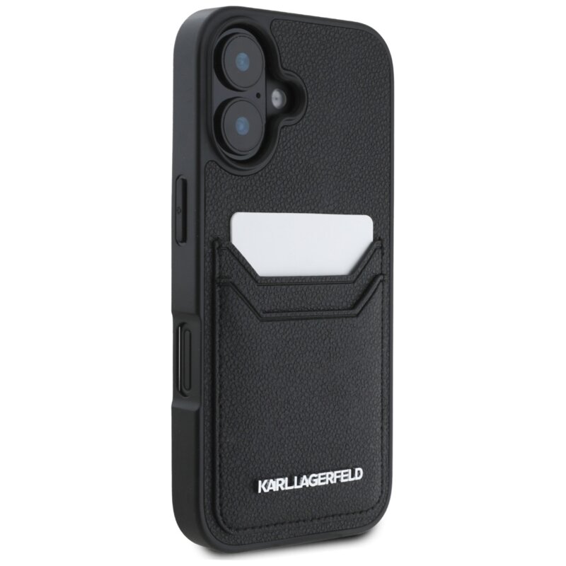Husa iPhone 16 Karl Lagerfeld Hardcase Grained Leather Cardslots, negru, Metal Elong, KLHCP16SPKHPORPK