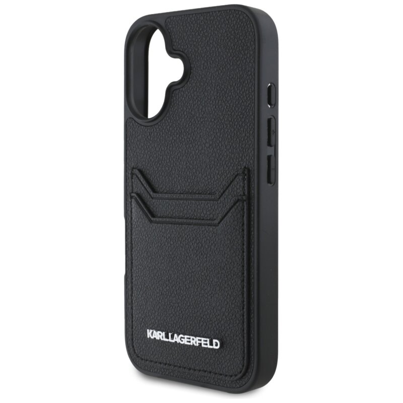 Husa iPhone 16 Karl Lagerfeld Hardcase Grained Leather Cardslots, negru, Metal Elong, KLHCP16SPKHPORPK