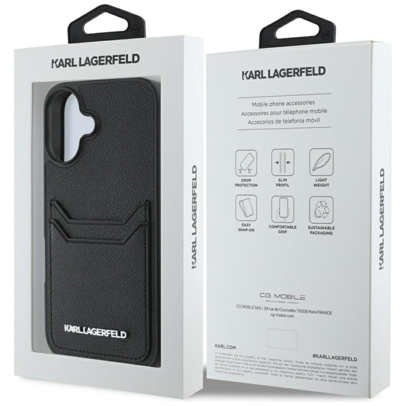 Husa iPhone 16 Karl Lagerfeld Hardcase Grained Leather Cardslots, negru, Metal Elong, KLHCP16SPKHPORPK