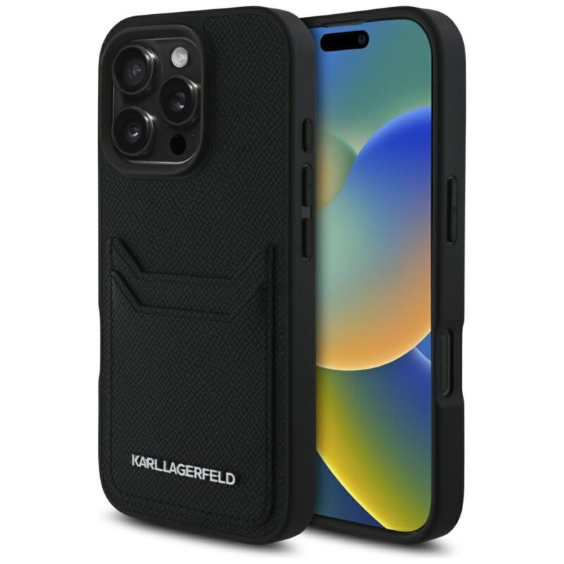 Husa iPhone 16 Pro Max Karl Lagerfeld Hardcase Grained Leather Cardslots, negru, Metal Elong, KLHCP16XPKHPORPK