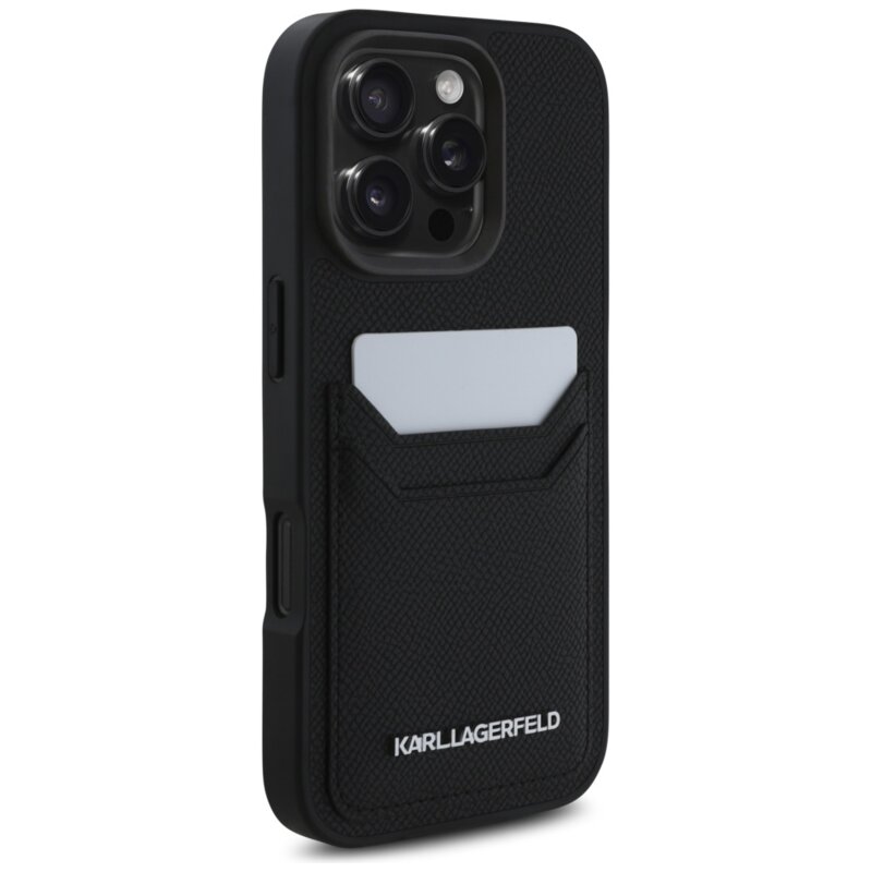 Husa iPhone 16 Pro Max Karl Lagerfeld Hardcase Grained Leather Cardslots, negru, Metal Elong, KLHCP16XPKHPORPK