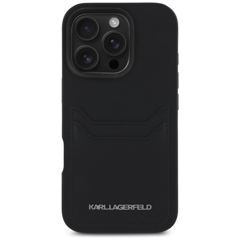 Husa iPhone 16 Pro Max Karl Lagerfeld Hardcase Grained Leather Cardslots, negru, Metal Elong, KLHCP16XPKHPORPK