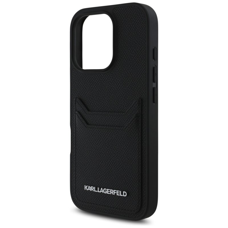 Husa iPhone 16 Pro Max Karl Lagerfeld Hardcase Grained Leather Cardslots, negru, Metal Elong, KLHCP16XPKHPORPK