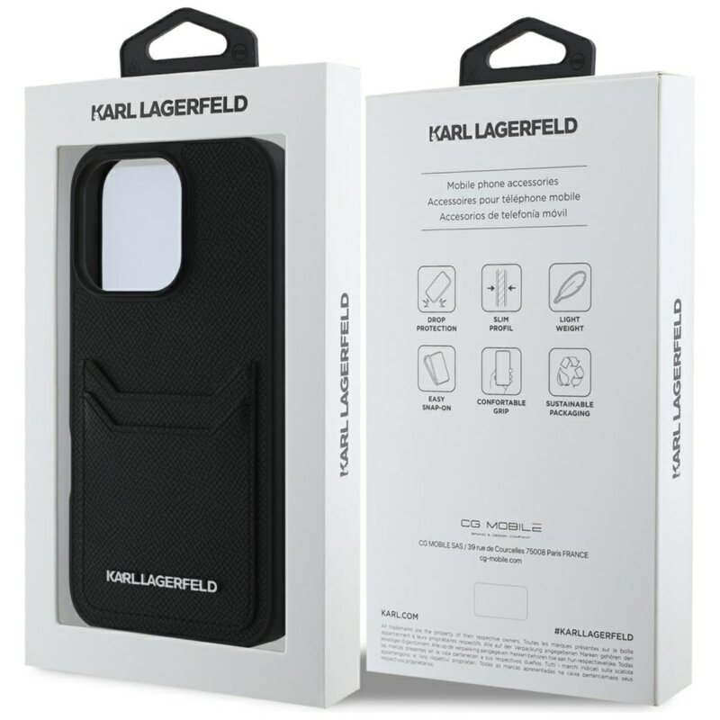 Husa iPhone 16 Pro Max Karl Lagerfeld Hardcase Grained Leather Cardslots, negru, Metal Elong, KLHCP16XPKHPORPK