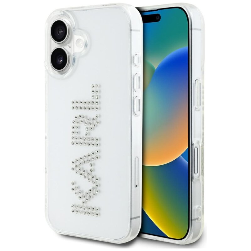 Husa iPhone 16 Karl Lagerfeld IML Rhinestones, Transparent Logo, KLHCP16SHKLSTDCT