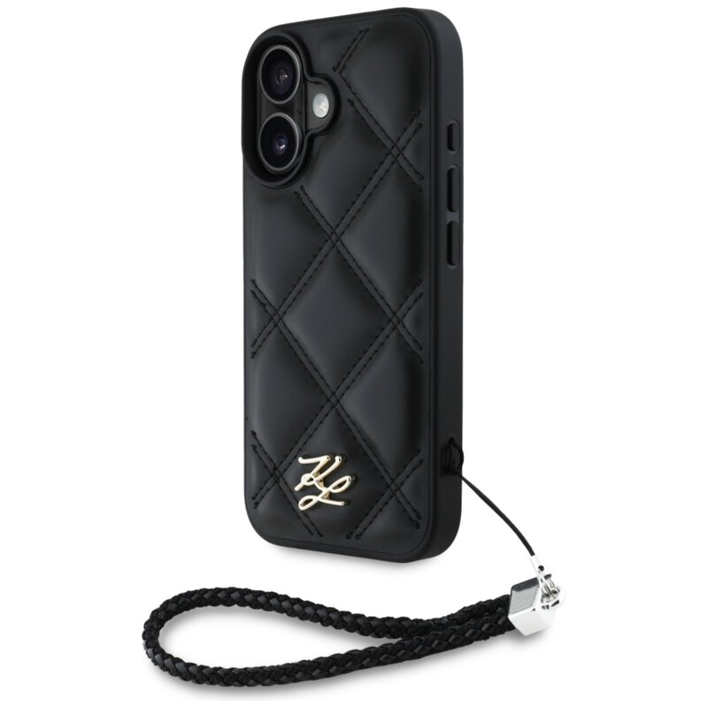 Husa iPhone 16 Karl Lagerfeld Quilted Initial Logo & Chain Strap, negru, KLHCP16SPSQSKLSMSK