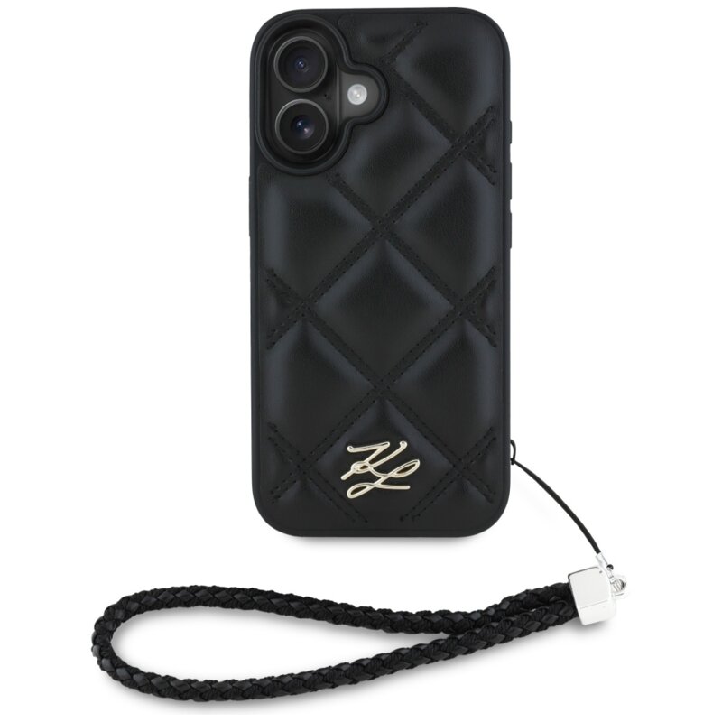 Husa iPhone 16 Karl Lagerfeld Quilted Initial Logo & Chain Strap, negru, KLHCP16SPSQSKLSMSK