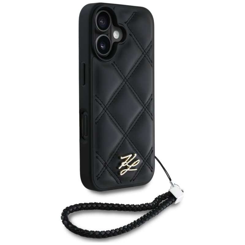 Husa iPhone 16 Karl Lagerfeld Quilted Initial Logo & Chain Strap, negru, KLHCP16SPSQSKLSMSK