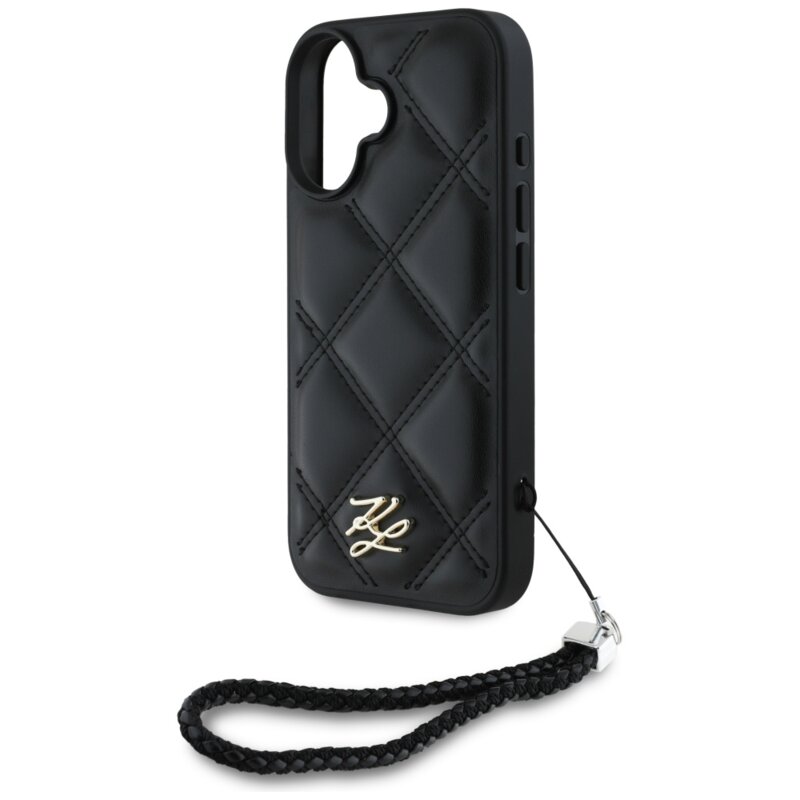 Husa iPhone 16 Karl Lagerfeld Quilted Initial Logo & Chain Strap, negru, KLHCP16SPSQSKLSMSK