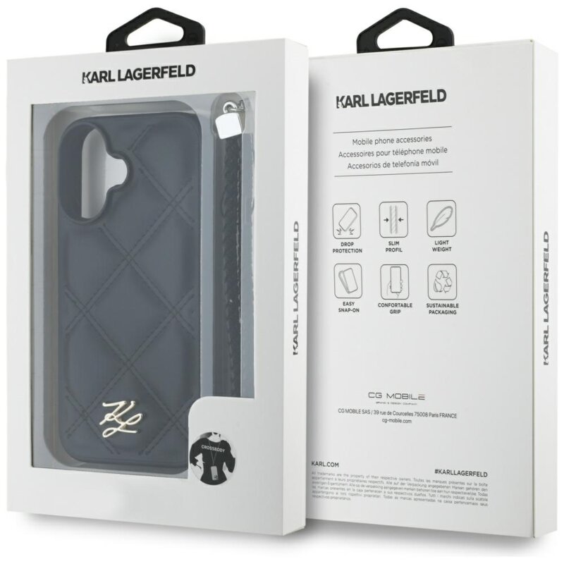 Husa iPhone 16 Karl Lagerfeld Quilted Initial Logo & Chain Strap, negru, KLHCP16SPSQSKLSMSK