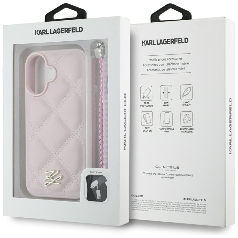 Husa iPhone 16 Karl Lagerfeld Quilted Initial Logo & Chain Strap, roz, KLHCP16SPSQSKLSMSP