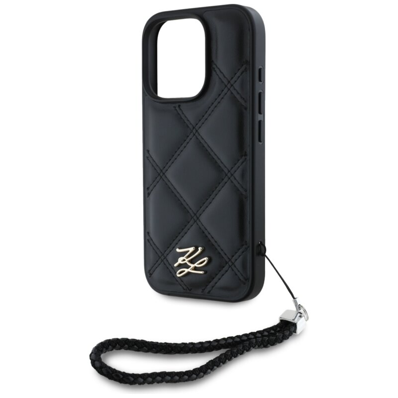 Husa iPhone 16 Pro Karl Lagerfeld Quilted Initial Logo & Chain Strap, negru, KLHCP16LPSQSKLSMSK