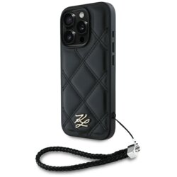 Husa iPhone 16 Pro Max Karl Lagerfeld Quilted Initial Logo & Chain Strap, negru, KLHCP16XPSQSKLSMSK