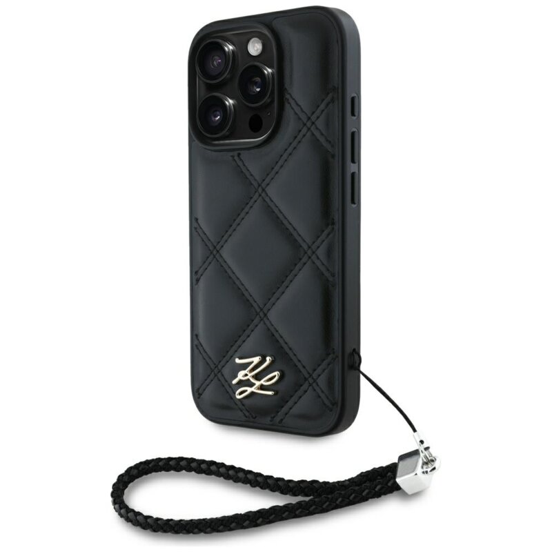 Husa iPhone 16 Pro Max Karl Lagerfeld Quilted Initial Logo & Chain Strap, negru, KLHCP16XPSQSKLSMSK