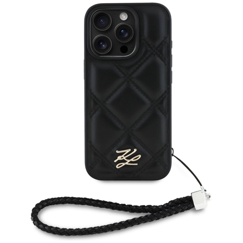 Husa iPhone 16 Pro Max Karl Lagerfeld Quilted Initial Logo & Chain Strap, negru, KLHCP16XPSQSKLSMSK