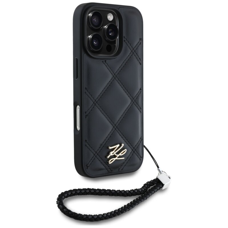 Husa iPhone 16 Pro Max Karl Lagerfeld Quilted Initial Logo & Chain Strap, negru, KLHCP16XPSQSKLSMSK