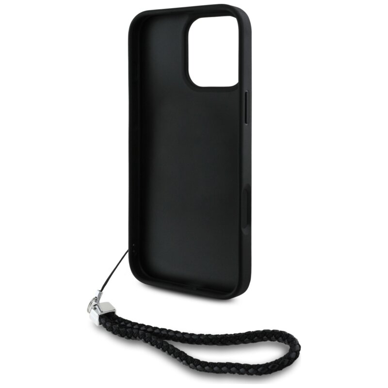 Husa iPhone 16 Pro Max Karl Lagerfeld Quilted Initial Logo & Chain Strap, negru, KLHCP16XPSQSKLSMSK