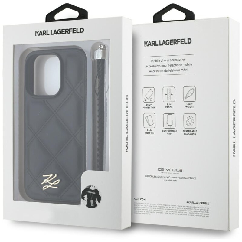 Husa iPhone 16 Pro Max Karl Lagerfeld Quilted Initial Logo & Chain Strap, negru, KLHCP16XPSQSKLSMSK