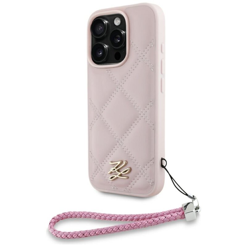 Husa iPhone 16 Pro Max Karl Lagerfeld Quilted Initial Logo & Chain Strap, roz, KLHCP16XPSQSKLSMSP