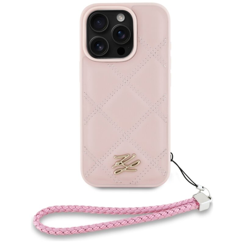 Husa iPhone 16 Pro Max Karl Lagerfeld Quilted Initial Logo & Chain Strap, roz, KLHCP16XPSQSKLSMSP